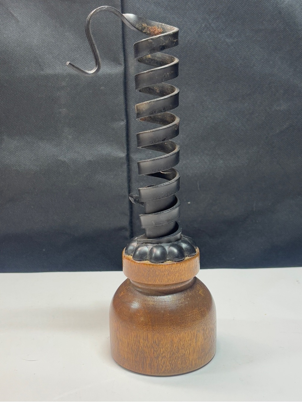 Courting Candle Holder Hand Forged Wrought Iron Spiral Wood Base Vtg Primitive